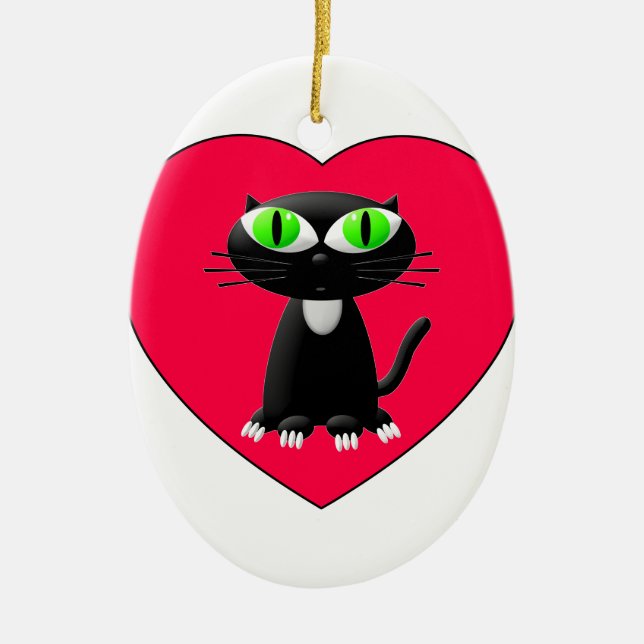 Black Cat In Red Heart Ceramic Tree Decoration (Front)
