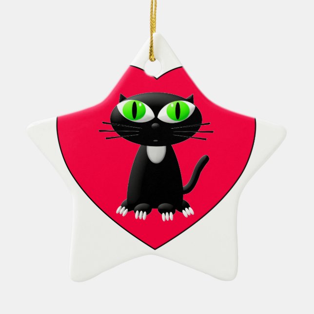 Black Cat In Red Heart Ceramic Tree Decoration (Front)