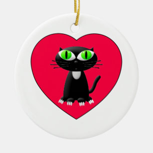 Black Cat In Red Heart Ceramic Tree Decoration
