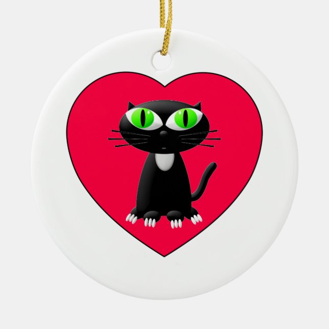 Black Cat In Red Heart Ceramic Tree Decoration (Front)