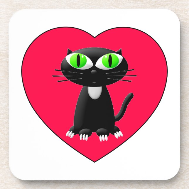Black Cat In Red Heart Coaster (Front)