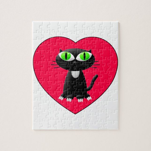 Black Cat In Red Heart Jigsaw Puzzle (Vertical)