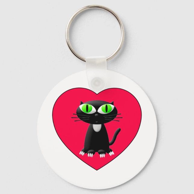 Black Cat In Red Heart Key Ring (Front)