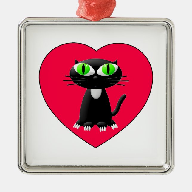 Black Cat In Red Heart Metal Tree Decoration (Front)