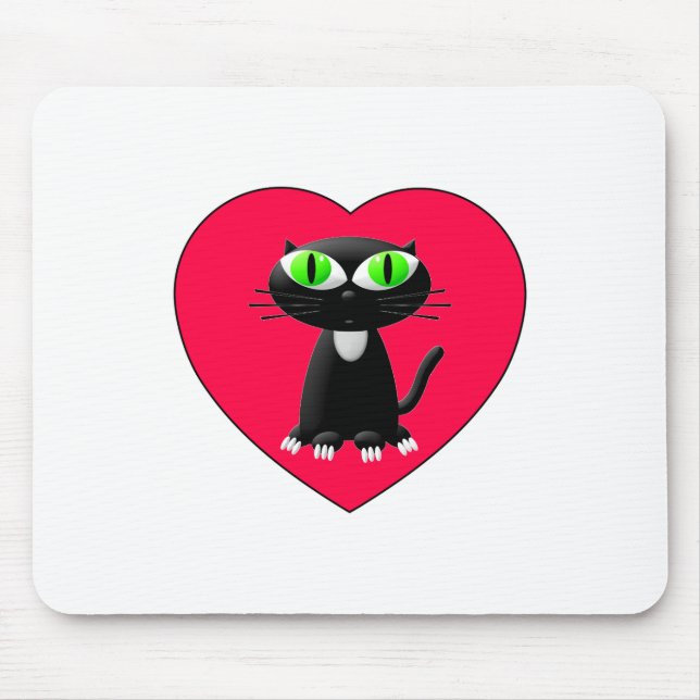 Black Cat In Red Heart Mouse Mat (Front)