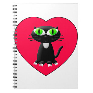 Black Cat In Red Heart Notebook