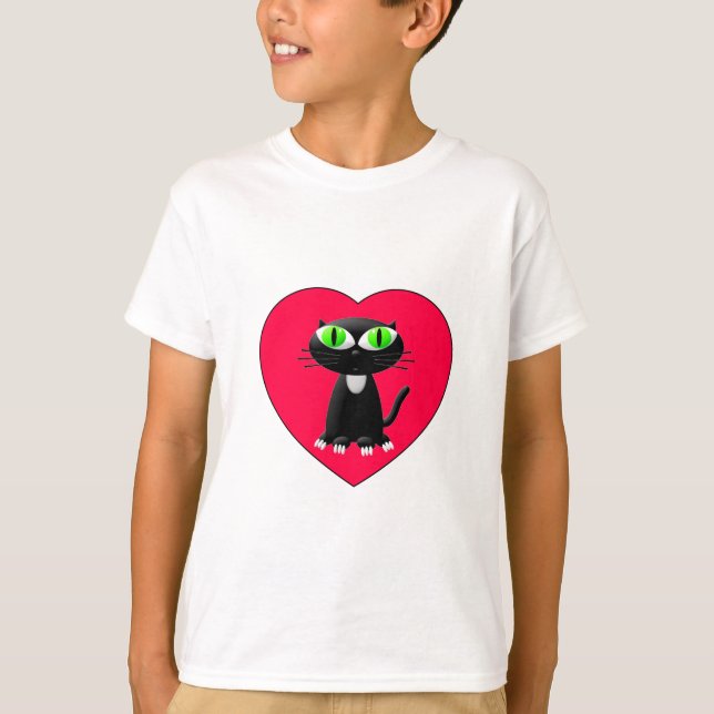 Black Cat In Red Heart T-Shirt (Front)