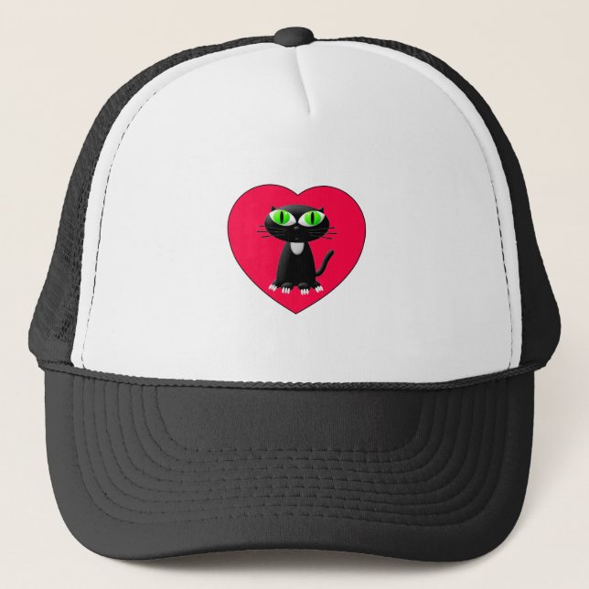 Black Cat In Red Heart Trucker Hat (Front)