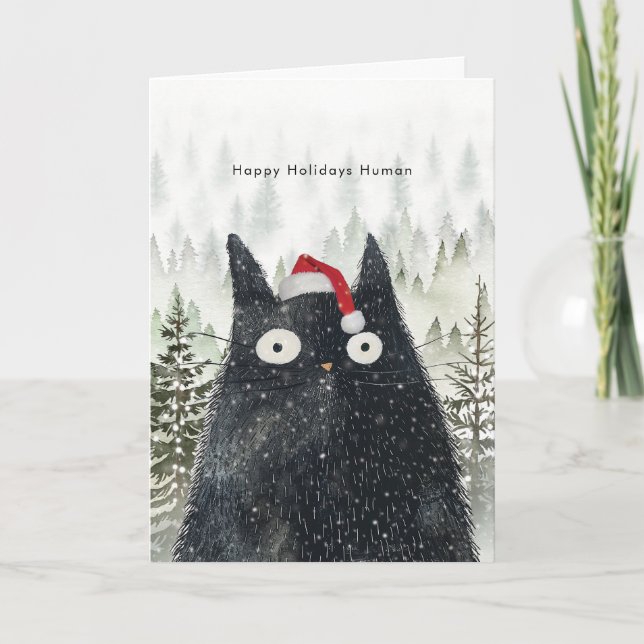 black cat in santa hat fun Holiday Christmas card (Front)