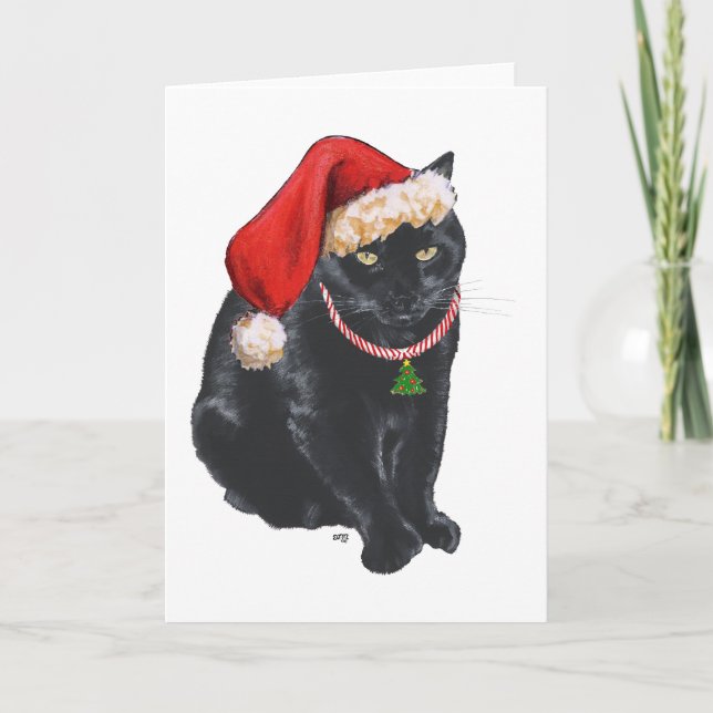 Black Cat in Santa Hat Holiday Card (Front)