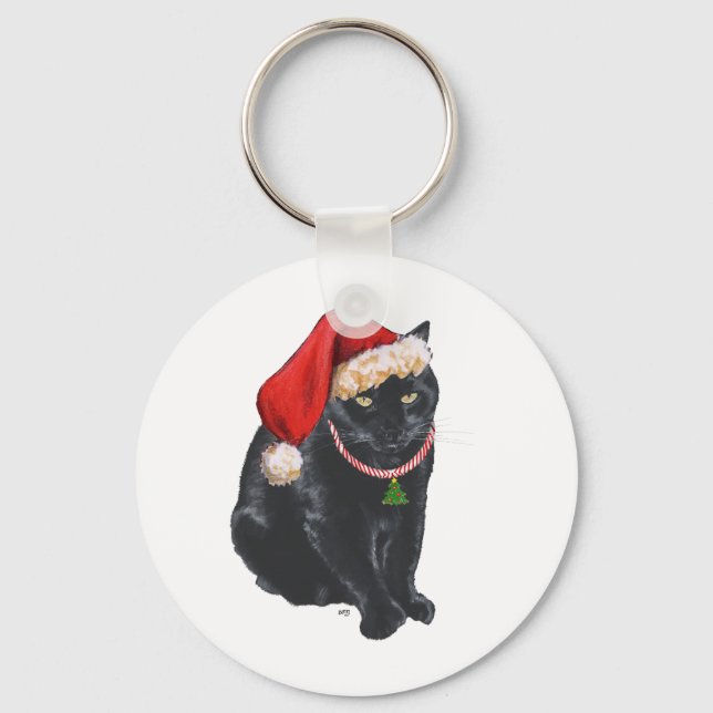 Black Cat in Santa Hat Key Ring (Front)