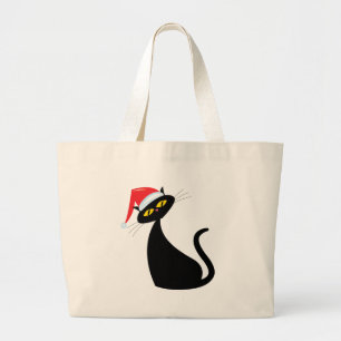 Black Cat in Santa Hat Large Tote Bag