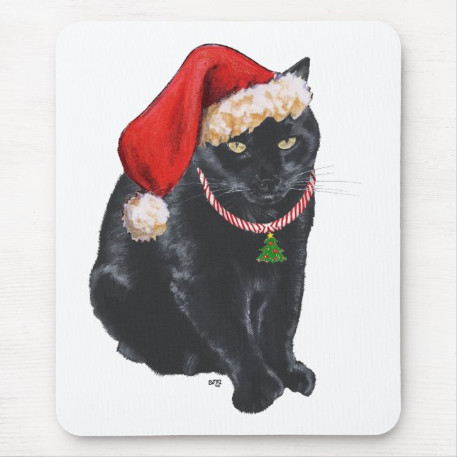 Black Cat in Santa Hat Mouse Mat (Front)