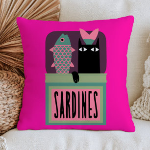 Black Cat in Sardines Can Funny Animal Maximalist Cushion