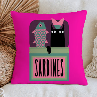 Black Cat in Sardines Can Funny Animal Maximalist Cushion