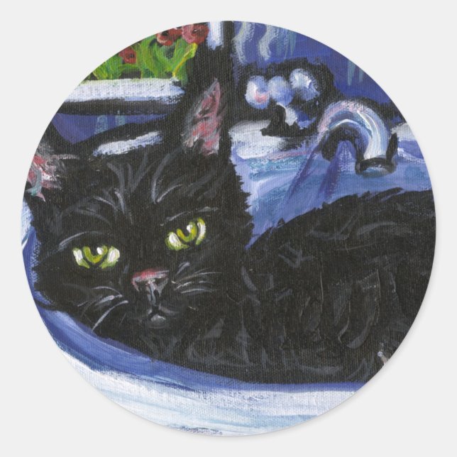 Black cat in sink classic round sticker (Front)