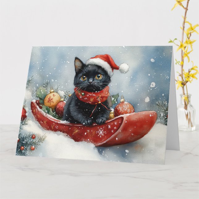 Black Cat in Sledge Let it Snow Christmas Card (Yellow Flower)
