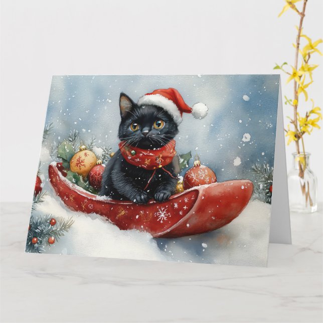 Black Cat in Sledge Let it Snow Christmas Card (Yellow Flower)