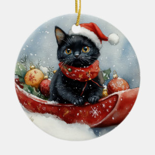 Black Cat in Sledge Let it Snow Christmas Ceramic Tree Decoration