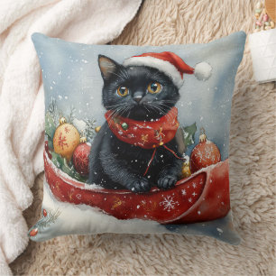 Black Cat in Sledge Let it Snow Christmas Cushion