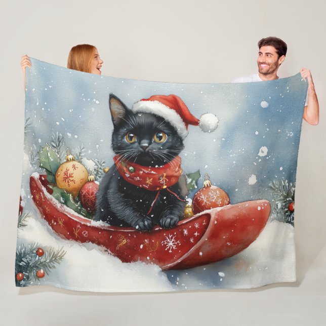 Black Cat in Sledge Let it Snow Christmas Fleece Blanket (In Situ)