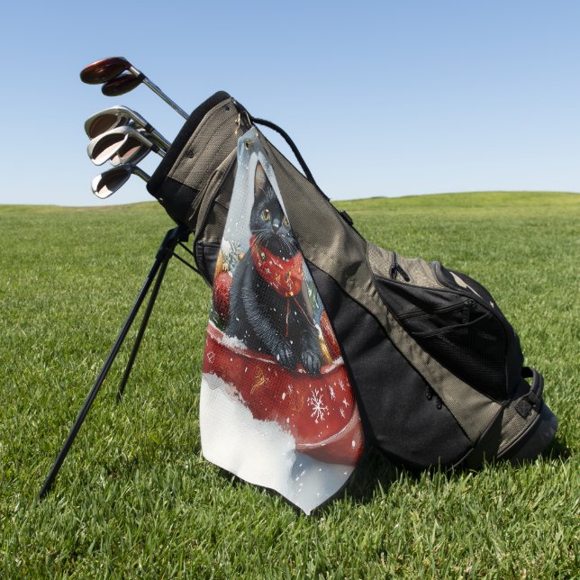 Black Cat in Sledge Let it Snow Christmas Golf Towel (Green)