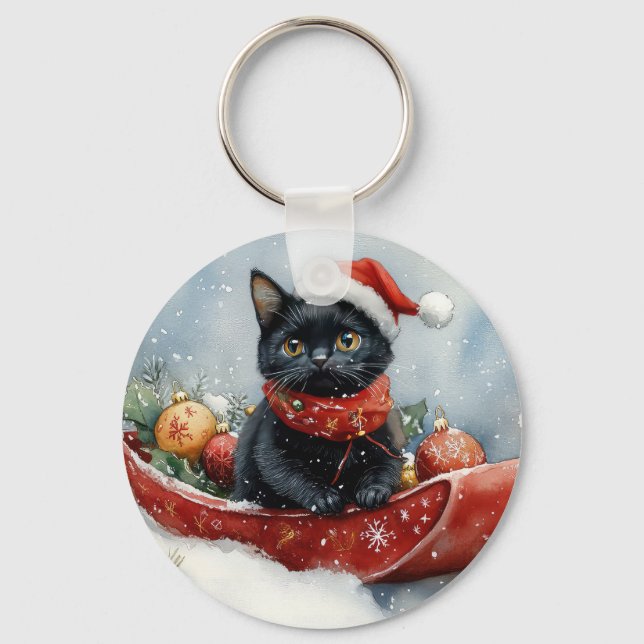 Black Cat in Sledge Let it Snow Christmas Key Ring (Front)