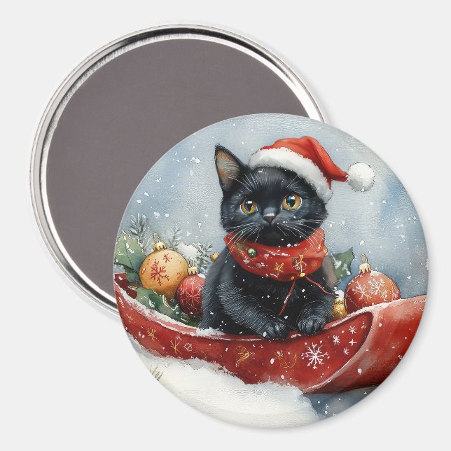 Black Cat in Sledge Let it Snow Christmas Magnet (Front/Back)