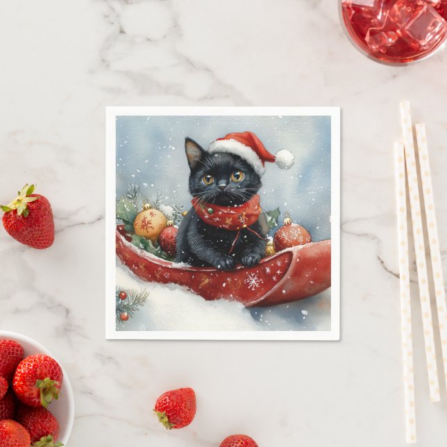 Black Cat in Sledge Let it Snow Christmas Napkin (Insitu)
