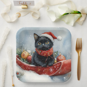 Black Cat in Sledge Let it Snow Christmas Paper Plate