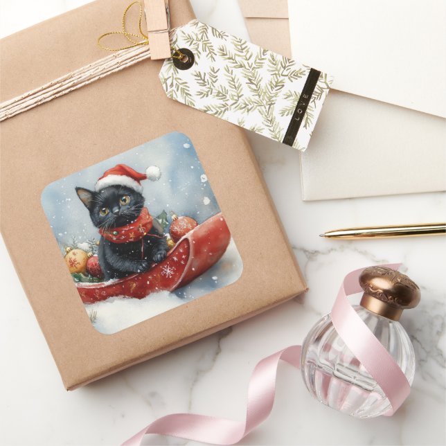 Black Cat in Sledge Let it Snow Christmas Square Sticker (Gifting)