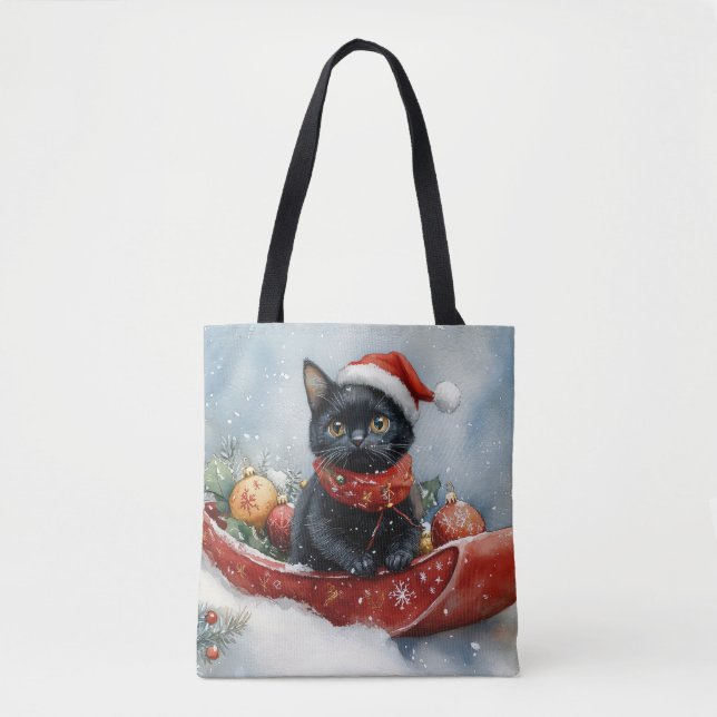 Black Cat in Sledge Let it Snow Christmas Tote Bag (Front)