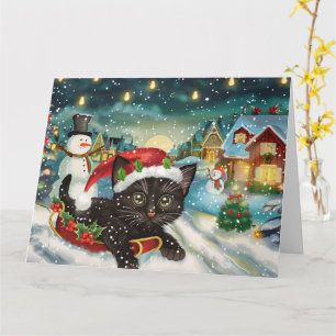 Black Cat in Sleigh Snow Christmas Card