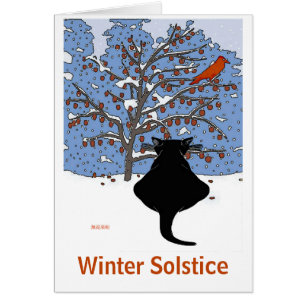 Black Cat in Snow with Red Bird