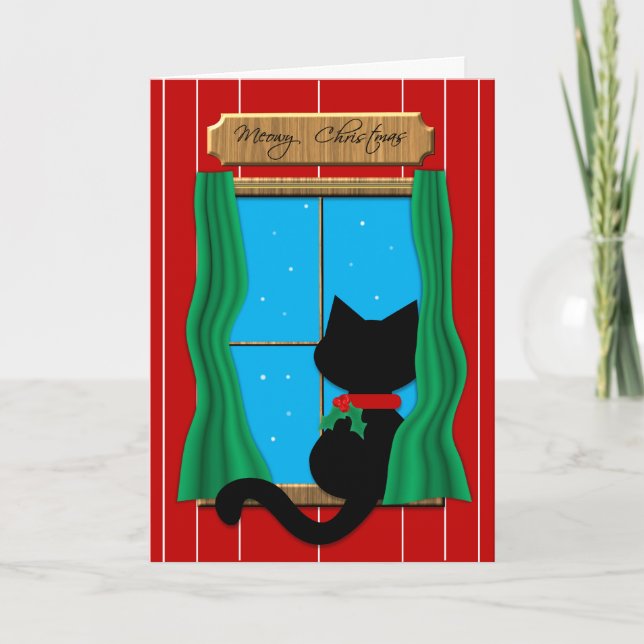 Black Cat  in Snowy Window - Meowy Christmas Card (Front)