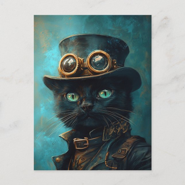 Black Cat in Steampunk Costume Postcard (Front)