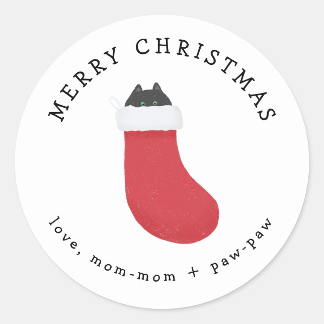 Black cat in stocking gift sticker (Front)