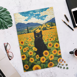 Black Cat in Sunflower Field Jigsaw Puzzle