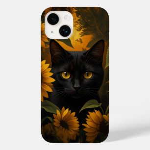 Black Cat in Sunflower Garden Aesthetic Case-Mate iPhone 14 Case