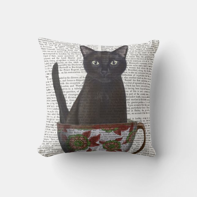 Black Cat in Teacup Cushion (Front)
