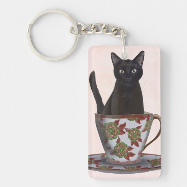 Black Cat in Teacup Key Ring (Front)