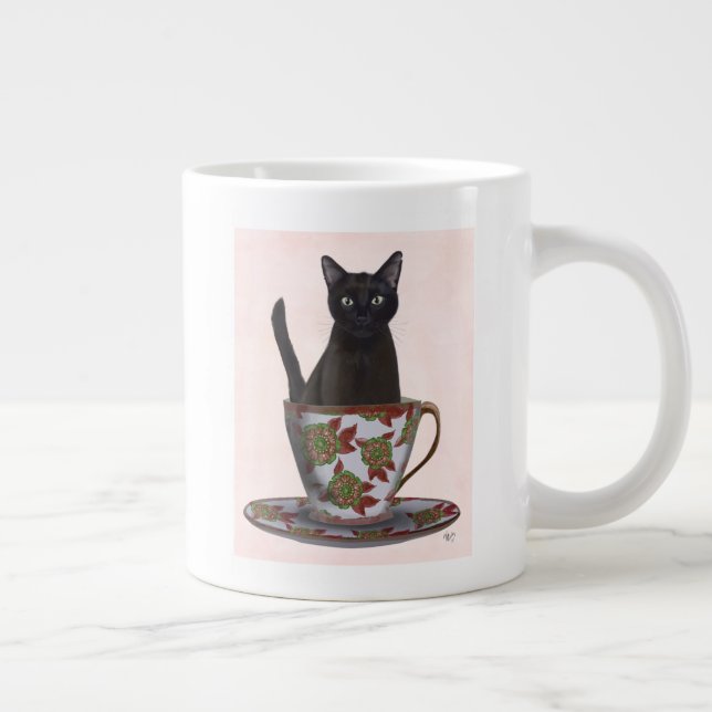Black Cat in Teacup Large Coffee Mug (Right)