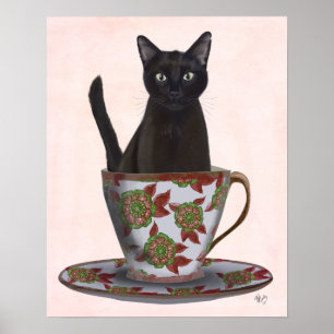 Black Cat in Teacup Poster