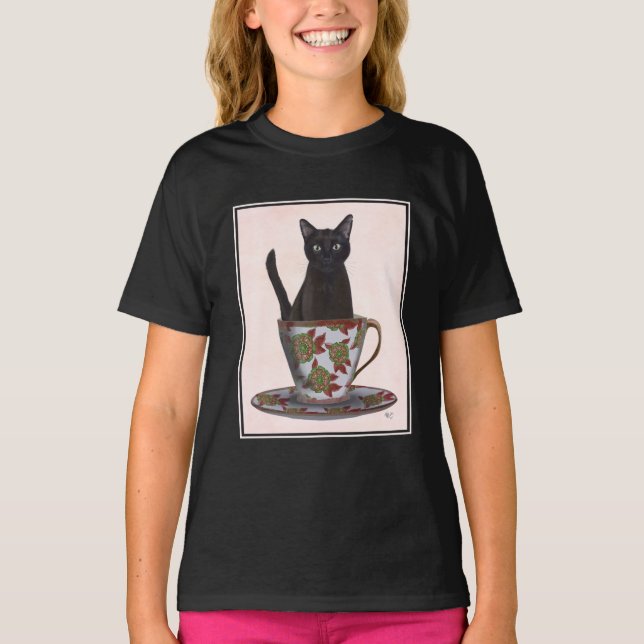 Black Cat in Teacup T-Shirt (Front)
