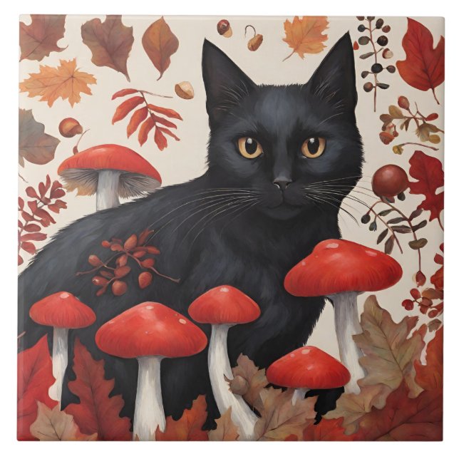 Black Cat in the Autumn Forest Tile (Front)