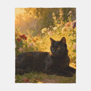 Black Cat in the Flowers I Fleece Blanket