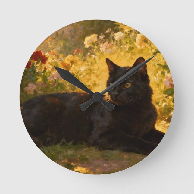 Black Cat in the Flowers I Round Clock (Front)