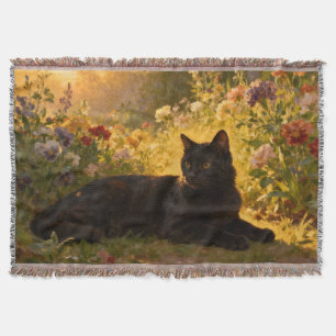 Black Cat in the Flowers I Throw Blanket