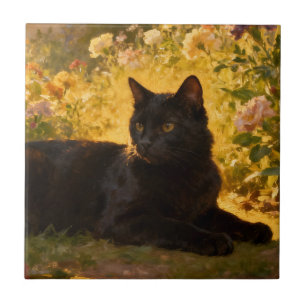 Black Cat in the Flowers I Tile