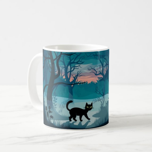 Black Cat in the Woods Design Coffee Mug (Front Left)